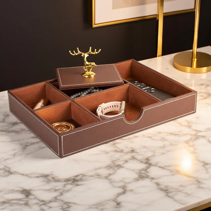Jewelry Trays Nightstand Organizer, Valet Tray for Men and Women, Dressing Table Storage Box, Dark Brown Faux Leather, 5 Compartment