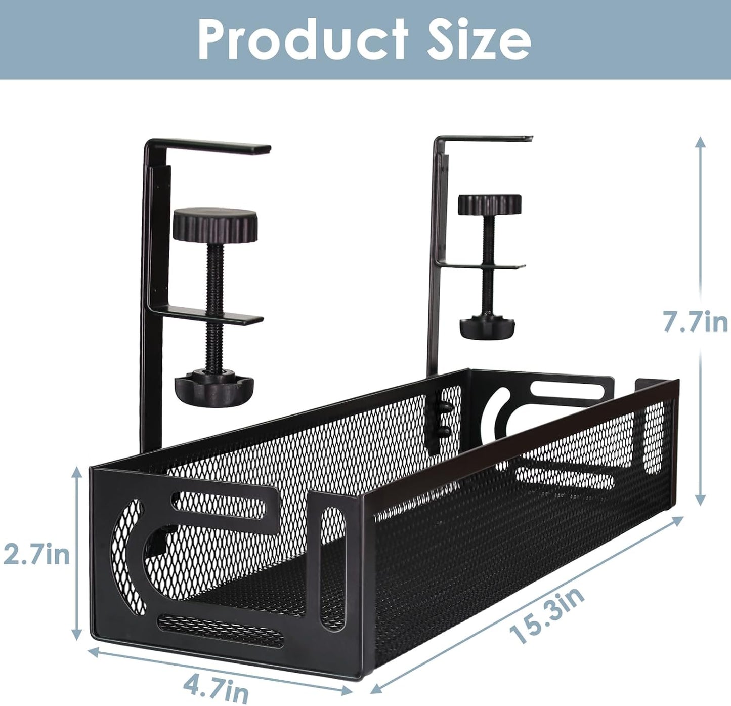 Cable Management, 25'' Cable Management Under Desk No Drill, Metal Cord Organizer with Clamp for Standing Desk, Cable Organizer for Home Office, Black