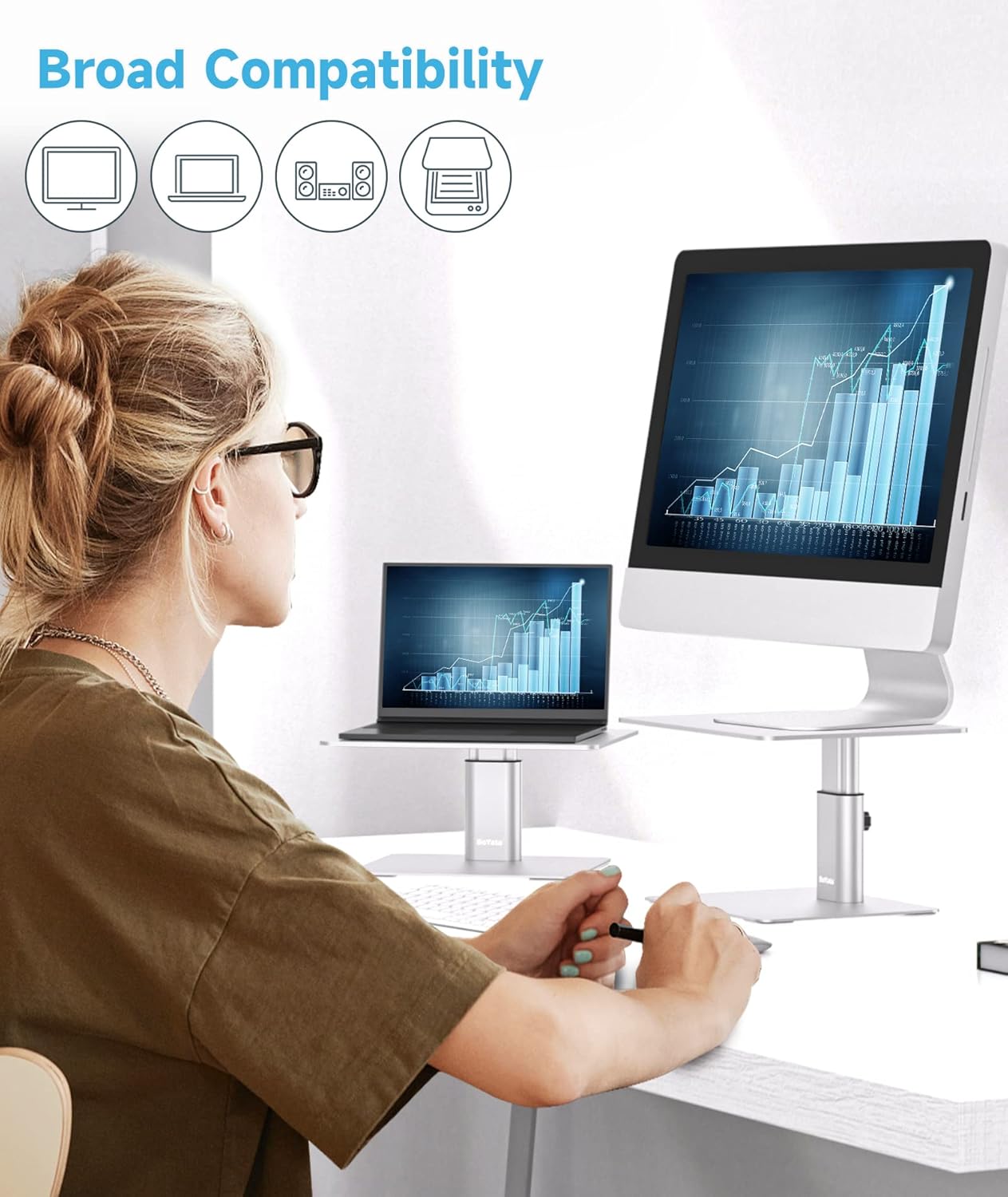 BoYata Monitor Stand, Adjustable Monitor Riser Metal Computer Stand Compatible with TV, PC, Laptop, Computer, iMac, and All Screen Display-Black