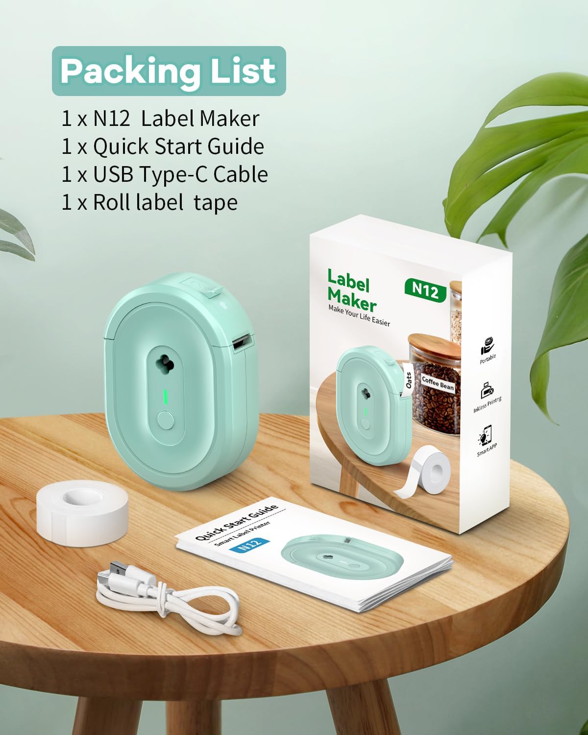 Label Maker Machine with Tape, N12 Portable Bluetooth Label Printer, Wireless Mini Label Makers Thermal Sticker with Multiple Templates for Home, Kitchen, School, Office Organization, Green