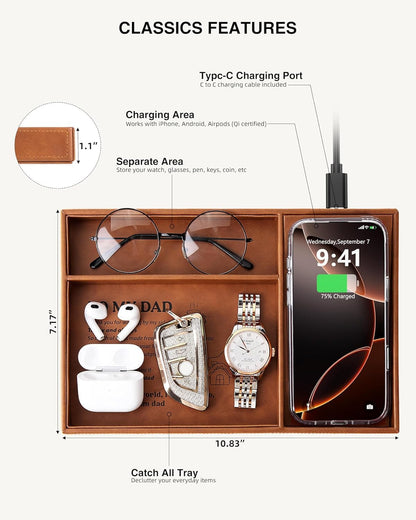 TopMade Wireless Charger Valet Tray, Father's Day Birthday Gifts for Dad, PU Leather Mens Jewelry Box for Iphone Charger, Desk Nightstand Organizer Charging Station Drawer Dresser Organizer(Brown)