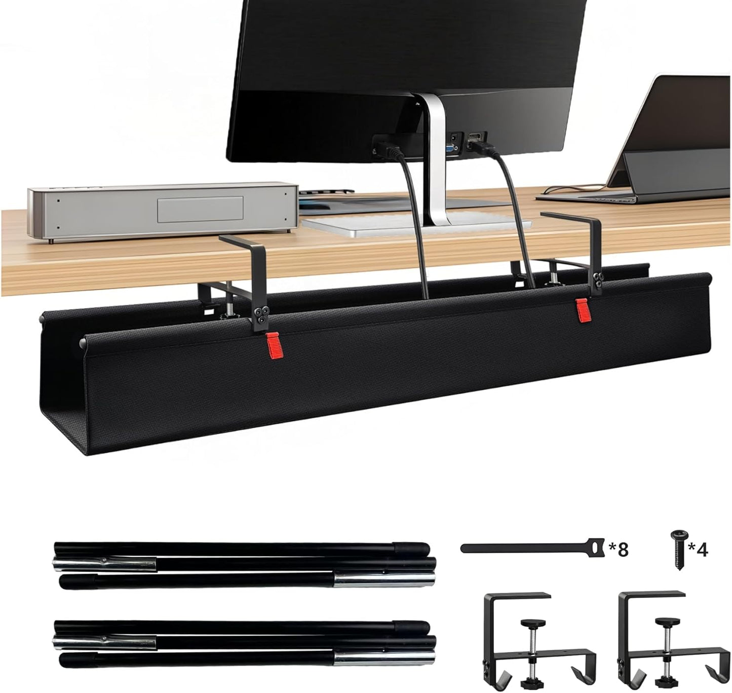 36" No Drill Under Desk Cable Management Tray - Upgraded Oxford Fabric with Cable Loop, No Damage to Table for Standing Desks and Home Office (Large (36 Inch))