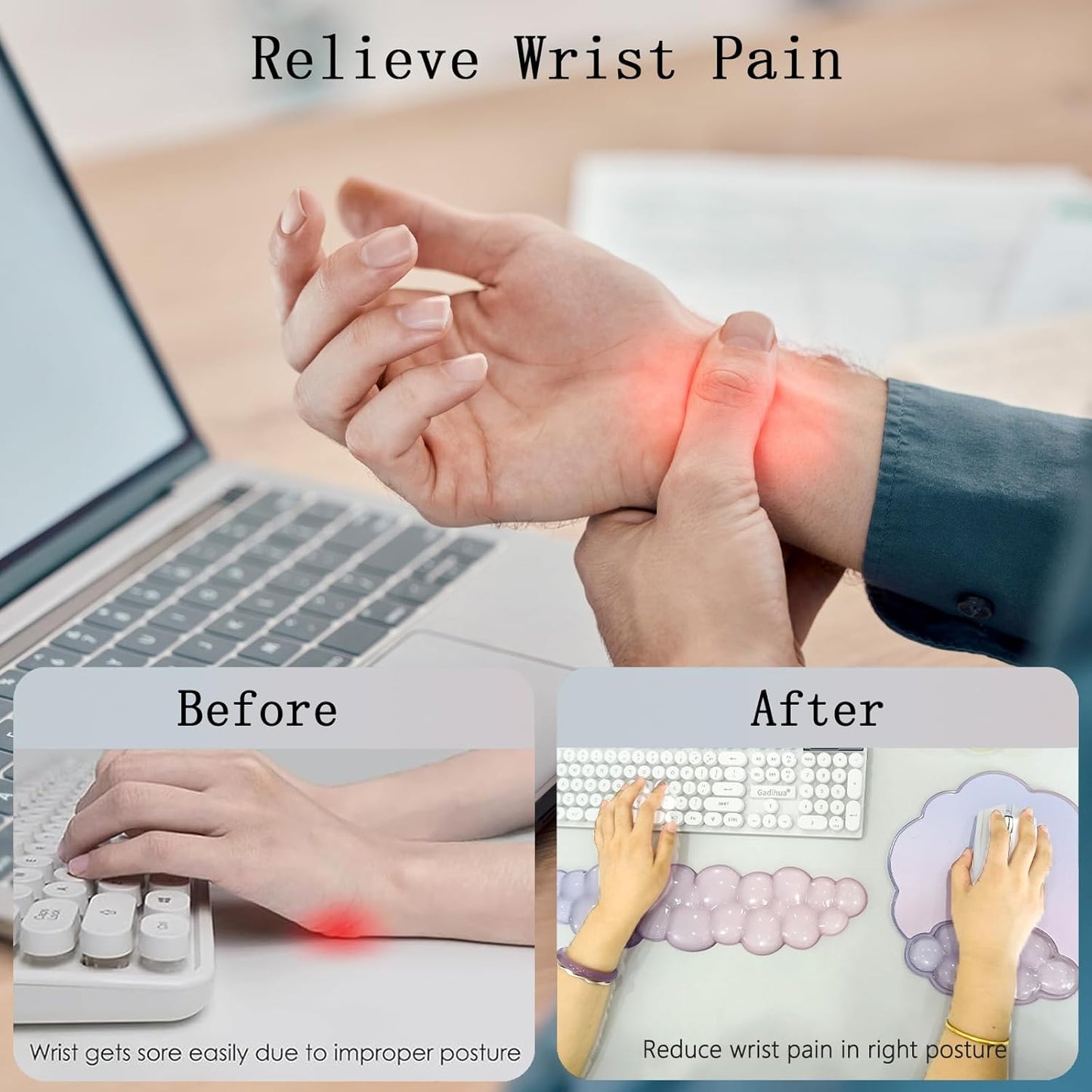 Cloud Wrist Rest Keyboard Pink Mouse Pad Set with Wrist Rest Ergonomic Wrist Pad Memory Foam Non-Slip Base Cute Gradient Wrist Support for Computer Laptop Gaming Home Office Relief Typing Pain