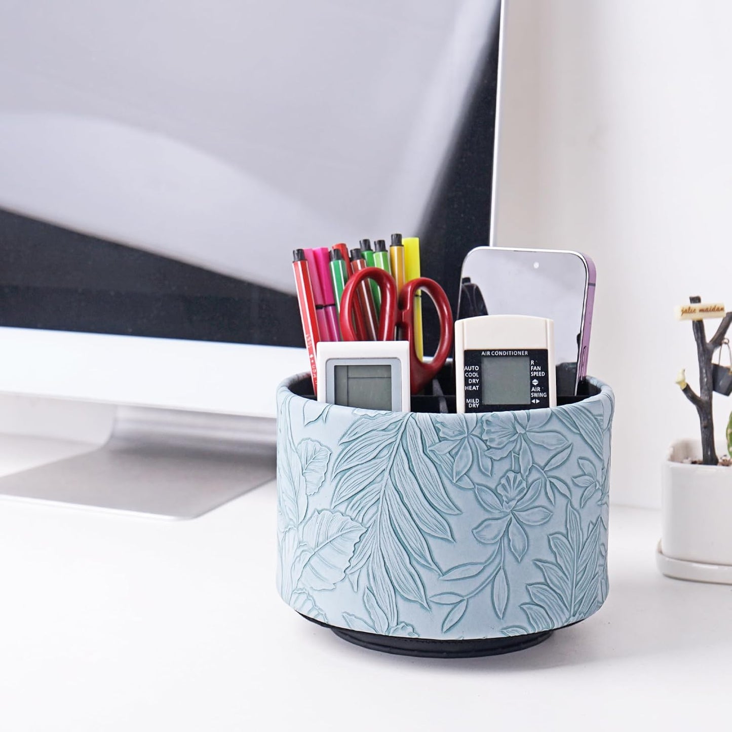 Hennaja Round Leather Art Supply Organizer,Remote Control Holder,360 Degree Rotating,Multi-Functional Pencil Holder,4 Compartments Desktop Stationary Organizer(1-Blue Bird) - Colors A