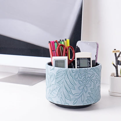 Hennaja Round Leather Art Supply Organizer,Remote Control Holder,360 Degree Rotating,Multi-Functional Pencil Holder,4 Compartments Desktop Stationary Organizer(1-Blue Bird) - Colors A