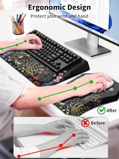 3-in-1 Ergonomic Keyboard Stand with Wrist Rest & Mouse Pad Set, Comfy Keyboard Riser Holder Soft Mousepad with Massage Design, Memory Foam and Non-Slip PU Base for Pain Relief, Black
