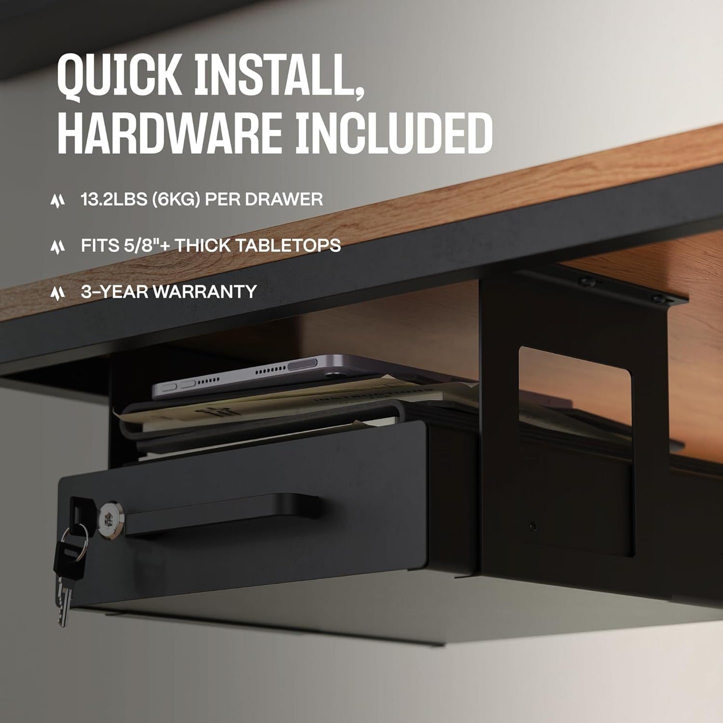 Under Desk Drawer Slide-Out – Lockable Metal Storage Drawers with Cable Management for Office & Home (Double, Bracketed)