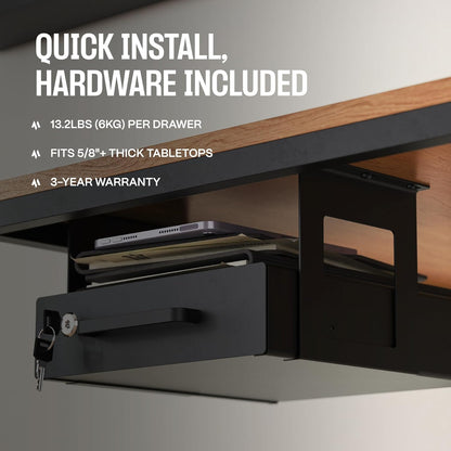 Under Desk Drawer Slide-Out – Lockable Metal Storage Drawers with Cable Management for Office & Home (Double, Bracketed)