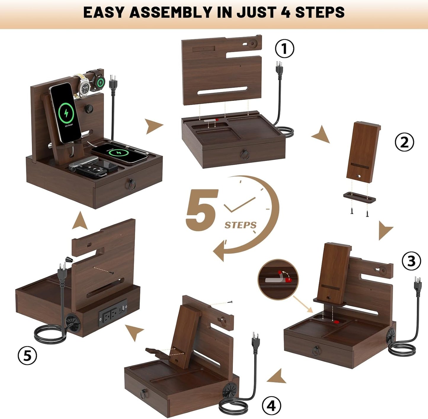 Wood Phone Docking Station with USB Ports and Outlets, Nightstand Organizer with Charging Station, Bedside Organizer with Drawer for Watch & Accessories, Christmas Anniversary Birthday Gifts for Men