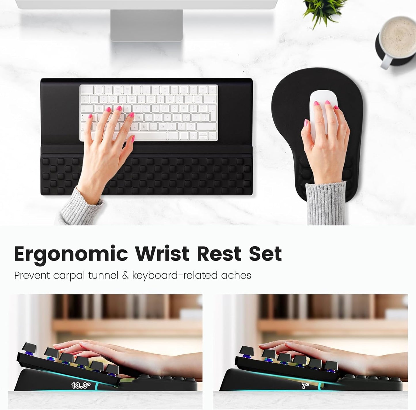 Ospelelf Ergonomic Mouse Pad and Keyboard Stand Wrist Rest Set, Memory Foam Comfort, Pain Relief for Typing, Office Desk Accessories, Moonlit Blossoms