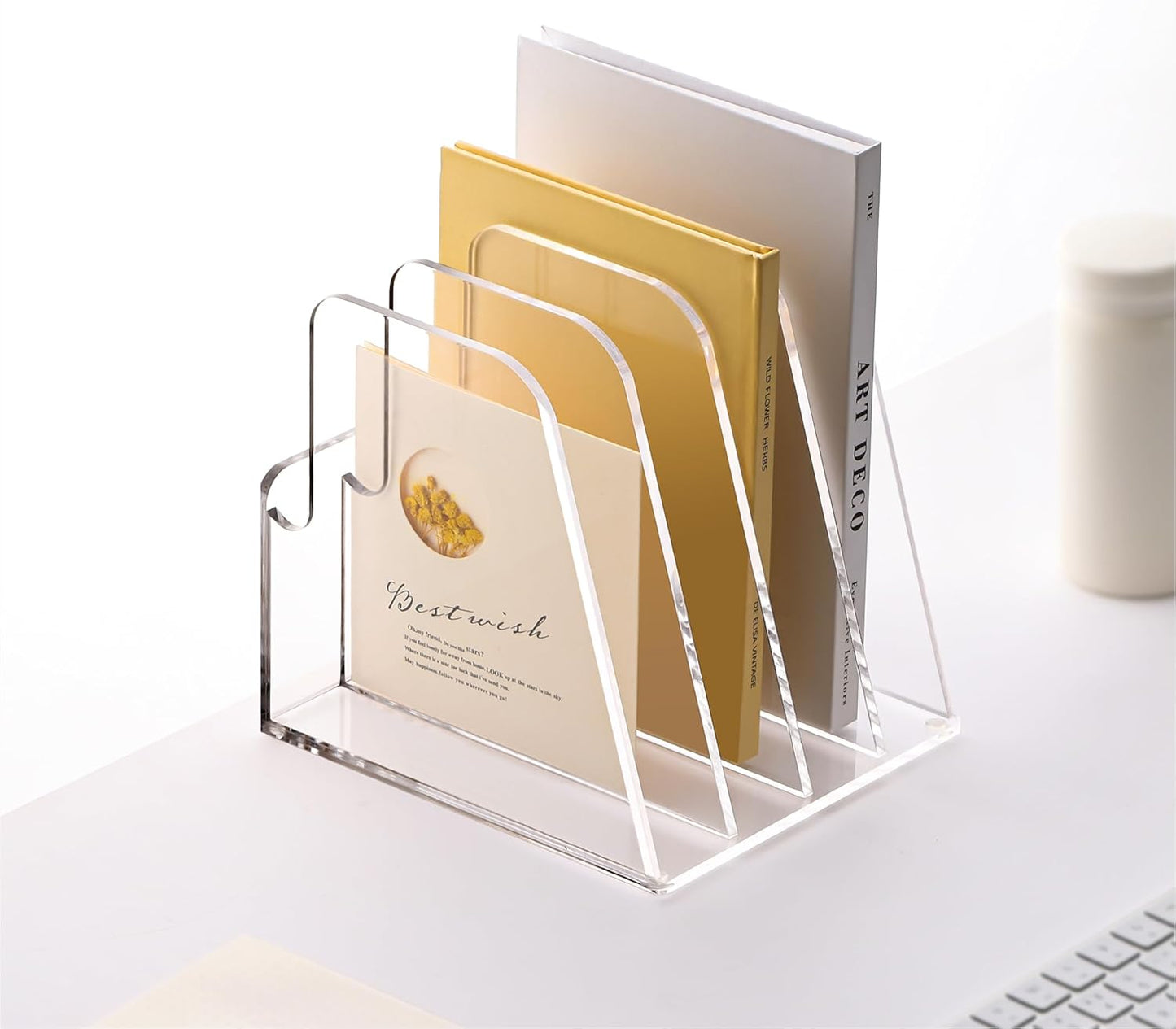 YUXUN Acrylic Magazine Holder,Clear Desk Organizer File Sorter for Notebook,Paper,Envelope,Magazine, Book Storage-Office/Home/Classroom Organization(4 Compartments,B5)