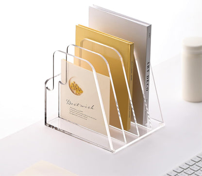 YUXUN Acrylic Magazine Holder,Clear Desk Organizer File Sorter for Notebook,Paper,Envelope,Magazine, Book Storage-Office/Home/Classroom Organization(4 Compartments,B5)