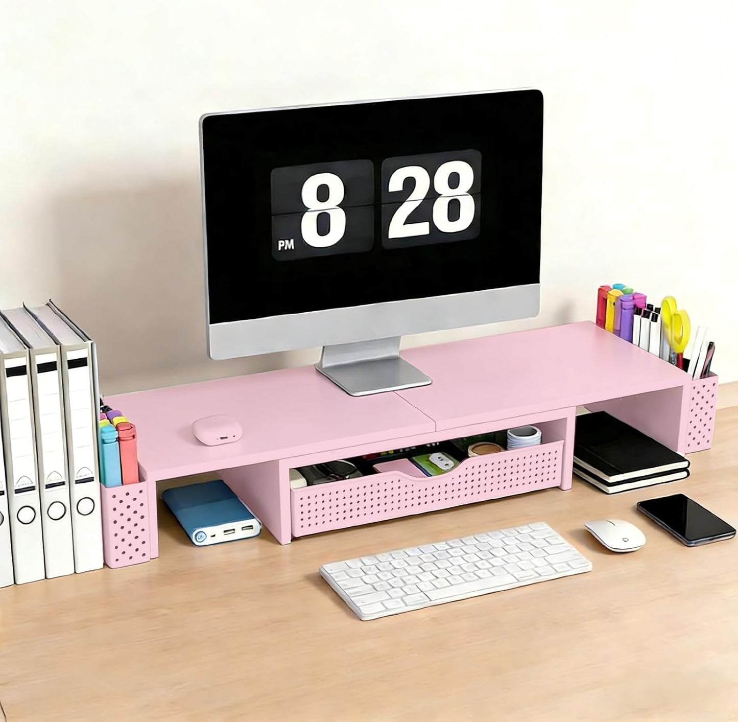 Spacrea Metal Desk Organizers and Accessories, Dual Monitor Stand Riser with Drawer and 2 Pen Holders, Book Racks, Desk Accessories & Workspace Desktop Organizers for Office Supplies (Black)