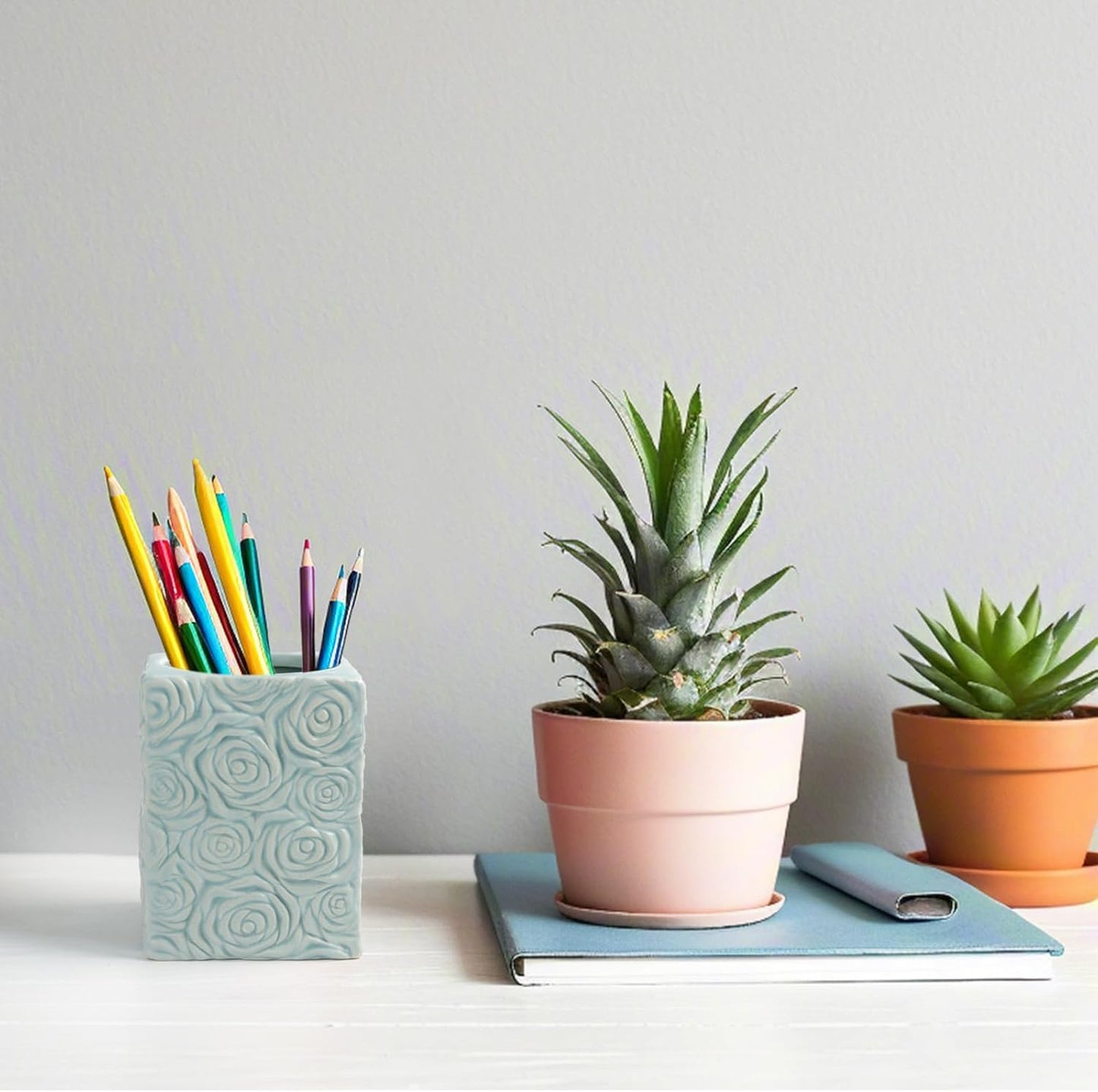 Ceramic Cactus Pen Holder, Cactus Decor Cute Pencil Holder, Makeup Brush Holder for Home, Office Desk Accessories(Dark Green)