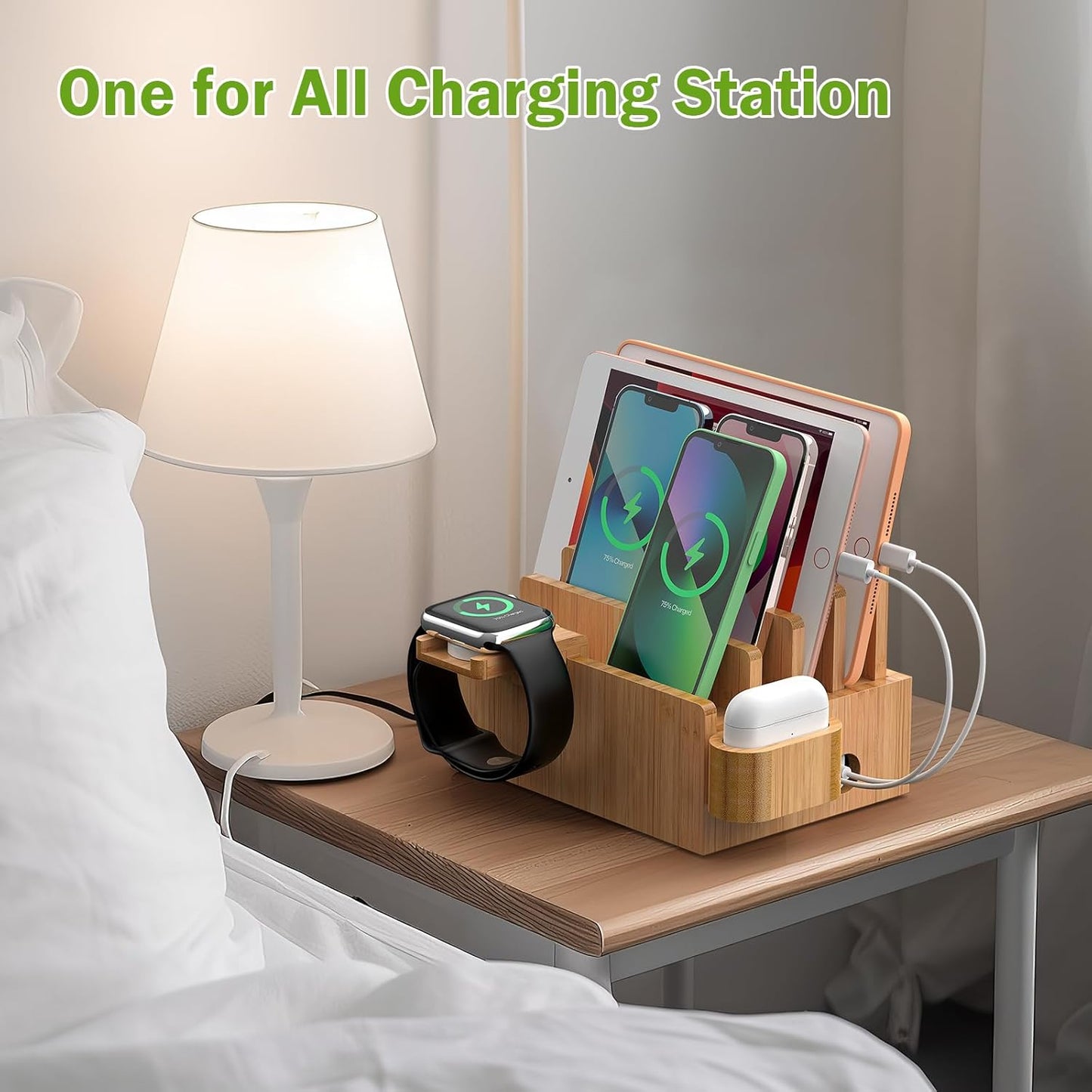 Pezin & Hulin Bamboo Charging Station for Multiple Devices with 5 Port USB Charger, 5 Cables, Watch&Earbuds Stand, Electronic Device Desktop Organizer for Cellphone, Tablet, Watch, Earbuds