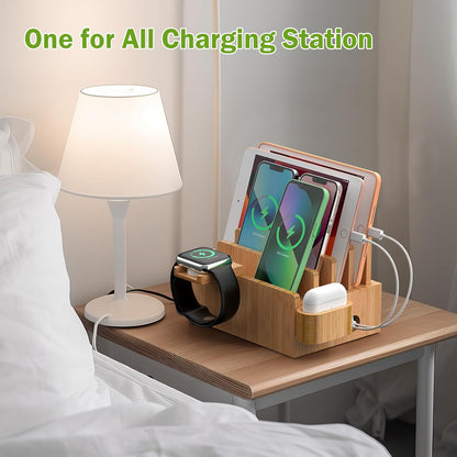 Pezin & Hulin Bamboo Charging Station for Multiple Devices with 5 Port USB Charger, 5 Cables, Watch&Earbuds Stand, Electronic Device Desktop Organizer for Cellphone, Tablet, Watch, Earbuds