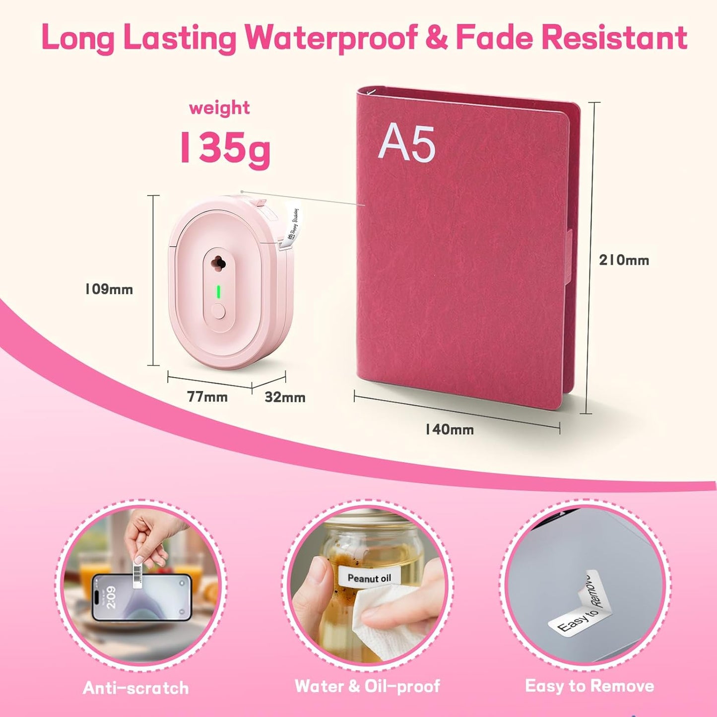 Label Maker Machine with Tape, Small Portable Bluetooth Label Printer, Handheld Mini Labeler for Home, Kitchen, Office, Waterproof Label Makers for Labeling, Gift, Kids School Items, Pink