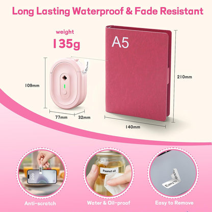 Label Maker Machine with Tape, Small Portable Bluetooth Label Printer, Handheld Mini Labeler for Home, Kitchen, Office, Waterproof Label Makers for Labeling, Gift, Kids School Items, Pink