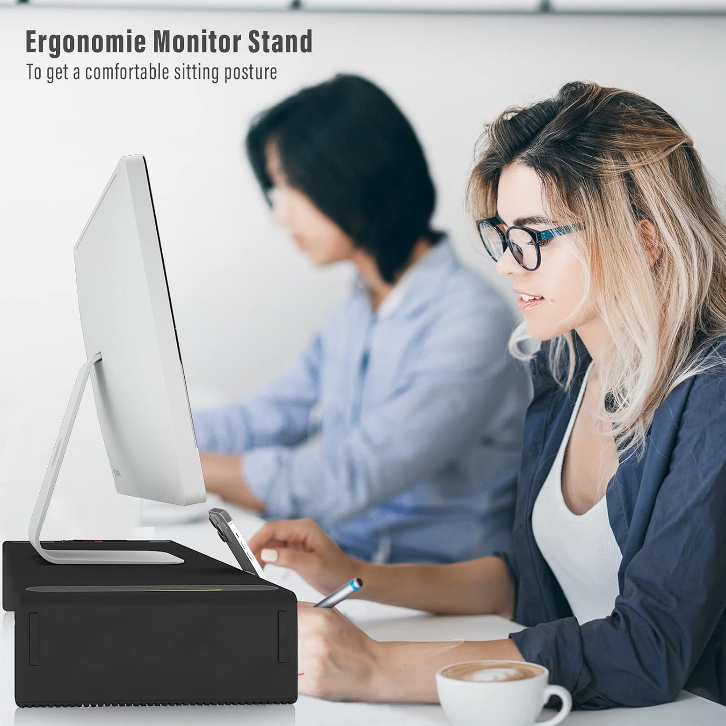 OImaster Monitor Stand Riser, Foldable Computer Monitor Riser, Adjustable Length Computer Stand and Storage Drawer & Pen Slot, Phone Stand Compatible Computer, Desktop, Laptop, Save Space (White-Basic)