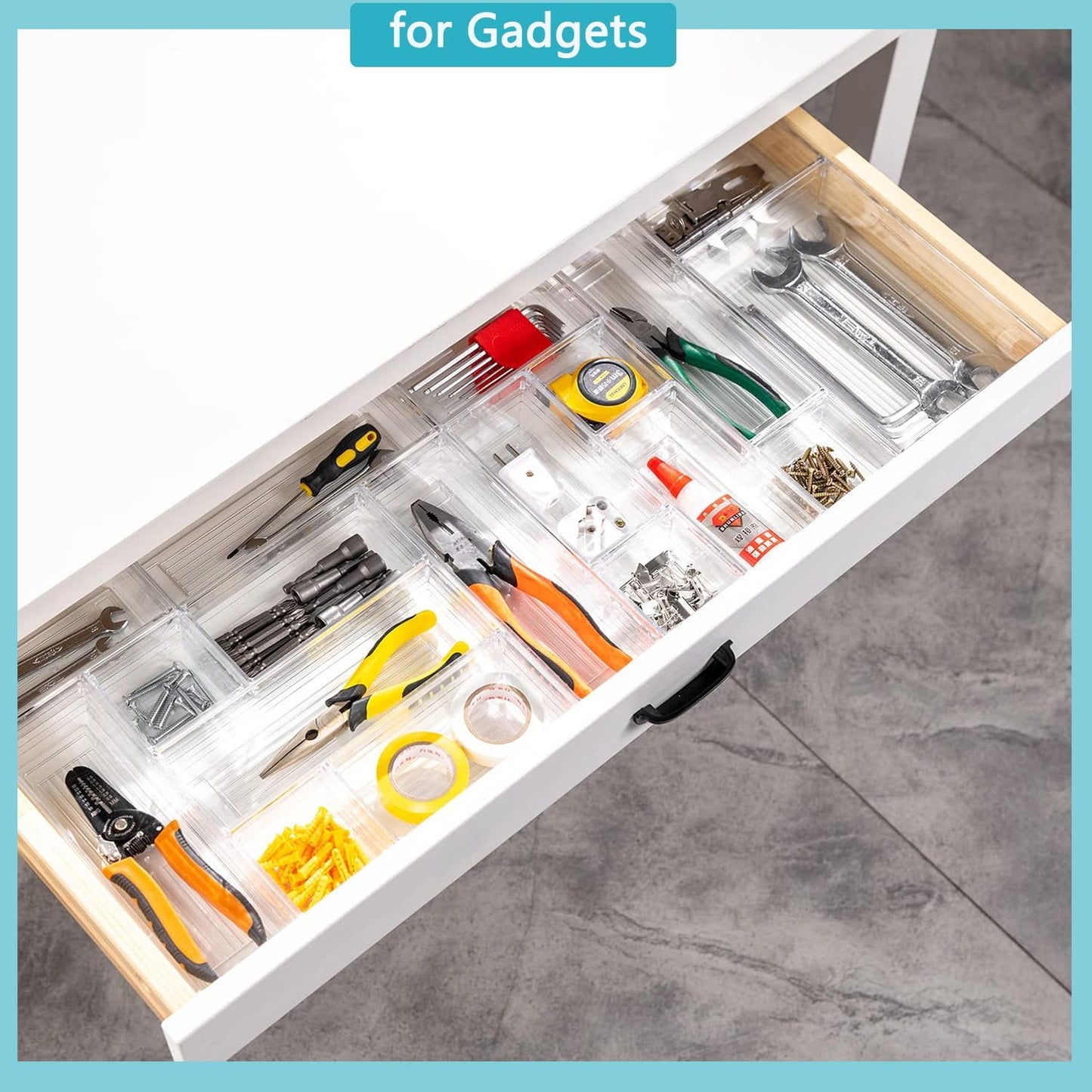DCA 44 PCS Clear Drawer Organizers Set, 4 Size Versatile Bathroom and Vanity Organizer Trays, Cosmetic Display Cases for Makeup, Jewelries, Bedroom, Kitchen Utensils and Office