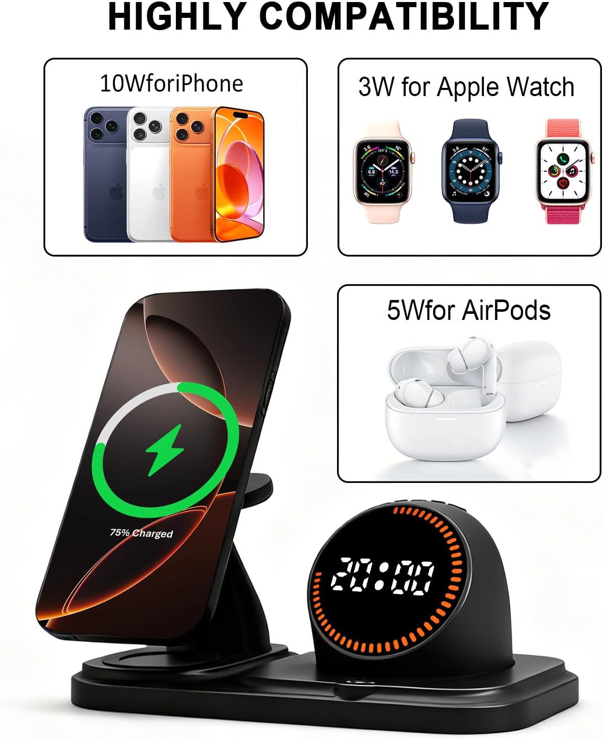 Wireless Charging Station with Clock,6-in-1 Charging Stand for Multiple Devices for iPhone 17 16 15 14 13 12 Pro Max, Apple Watch, Airpods, Bluetooth Speaker + RGB Light