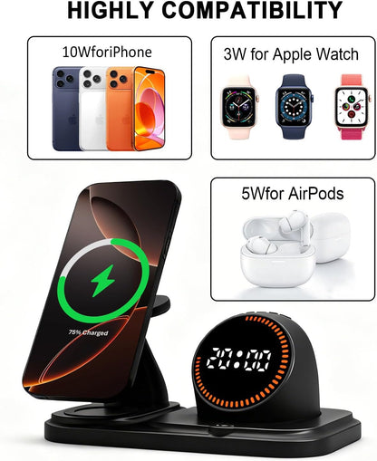 Wireless Charging Station with Clock,6-in-1 Charging Stand for Multiple Devices for iPhone 17 16 15 14 13 12 Pro Max, Apple Watch, Airpods, Bluetooth Speaker + RGB Light