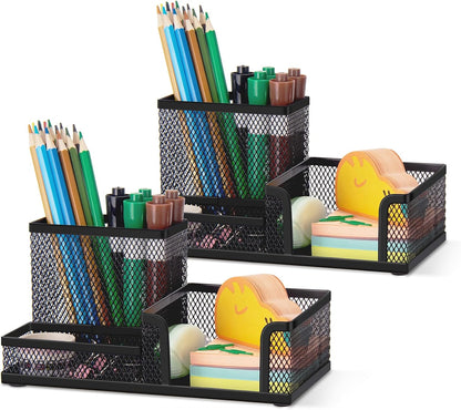 Comix Mesh Pen Pencil Holder Desk Organizer, 3 Compartment Wire Desktop Pen Pencil Cup Caddy Office Supplies Desk Accessories for Home Office School, Black