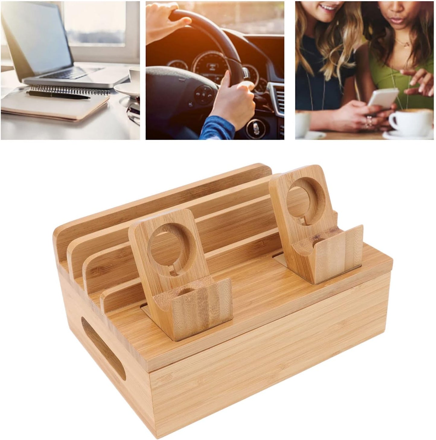 Bamboo Charging Station for Multiple Devices with 5 Port USB Charger, Electronic Device Desktop Dock Stations Organizer for iPads, Laptops, Tablets, Watch (Wooden)