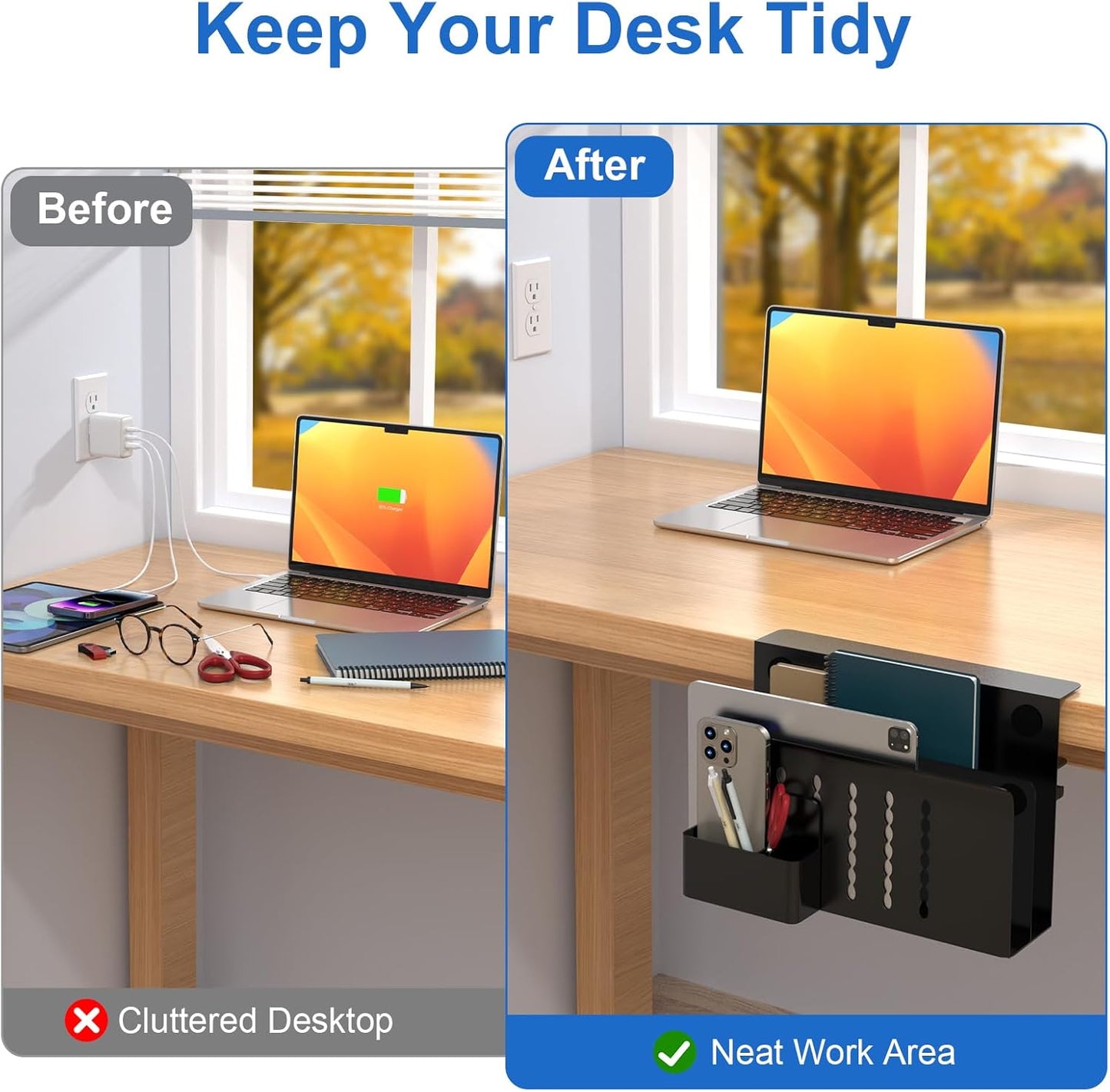 HAMOPY Desk Side Storage, Single-Layer Steel Hanging Desk Organizer with Magnetic Pen Holder, No Drilling Desk Drawer Cable Management Tray, Under Desk Laptop Holder for Office, School&Home(White)