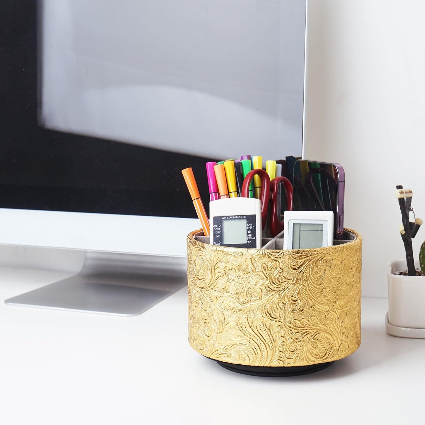 lizimandu Round Leather Art Supply Organizer,Remote Control Holder,360 Degree Spinning,Multi-Functional Pencil Holder,4 Compartments Desktop Stationary Organizer(1-Gold) - Colors B