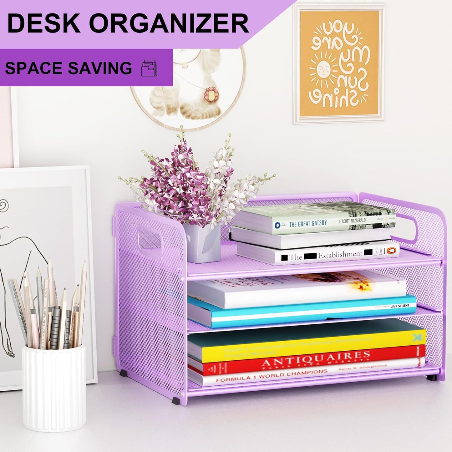 3 Tier Paper Letter Tray Organizer for Desk, Mesh File Folder Document Organizer with Handle for Home Office Supplies Desktop Accessories, Black