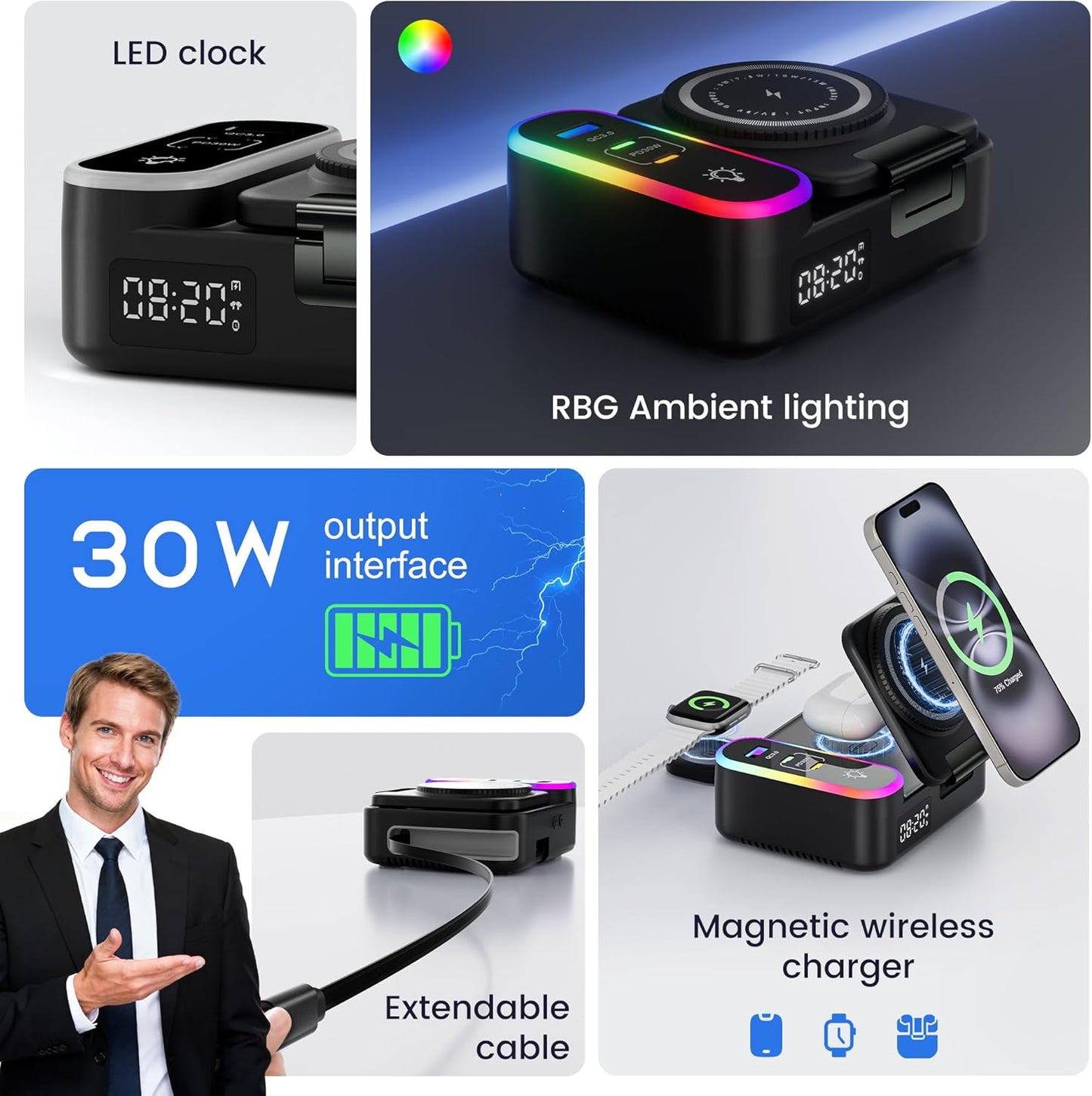65W 8-in-1 Charging Station, 15W Magnetic Wireless Charger with Retractable Cable, 30W USB C Fast Charging Stand for iPad, Multiple Devices for iPhone 17 16 15 14 13 12 Pro Max Apple Watch Airpods