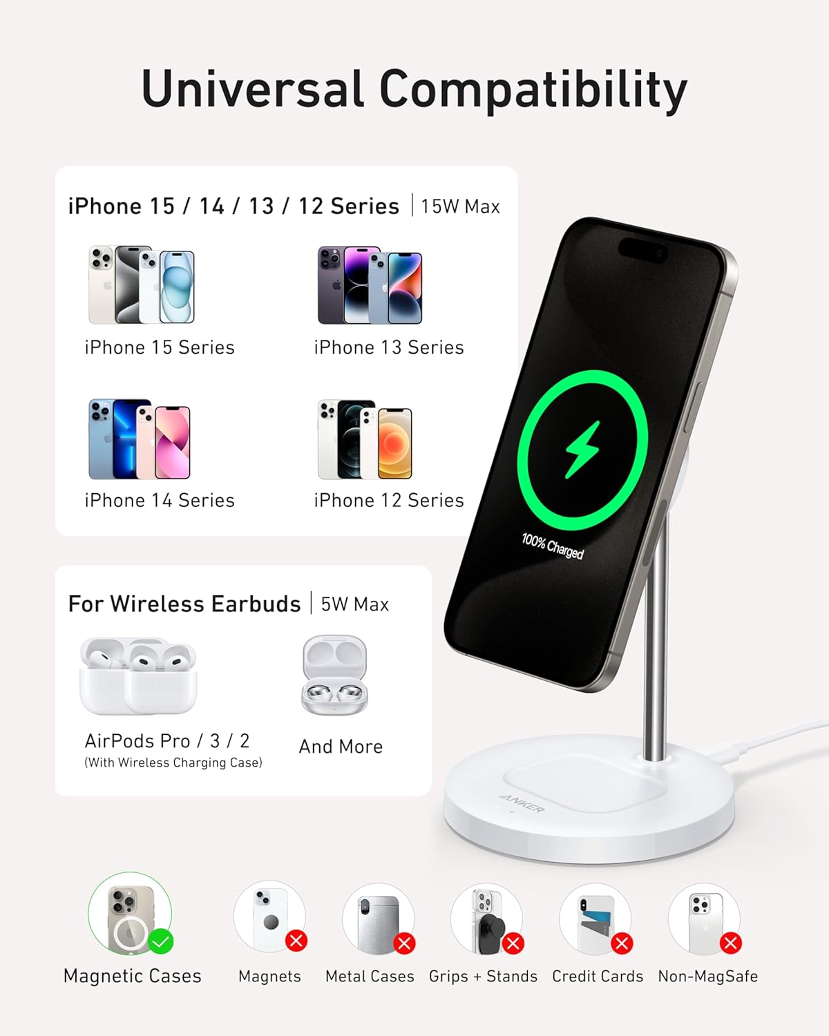 Anker MagSafe Compatible MagGo Charger Stand, iPhone 17 Wireless Charger, 2-in-1 Charging Station, Qi2 Certified 15W Fast Charging, for iPhone 17/16/15/14/13/12, AirPods Pro (Black, No Adapter)