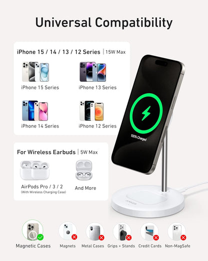 Anker MagSafe Compatible MagGo Charger Stand, iPhone 17 Wireless Charger, 2-in-1 Charging Station, Qi2 Certified 15W Fast Charging, for iPhone 17/16/15/14/13/12, AirPods Pro (Black, No Adapter)