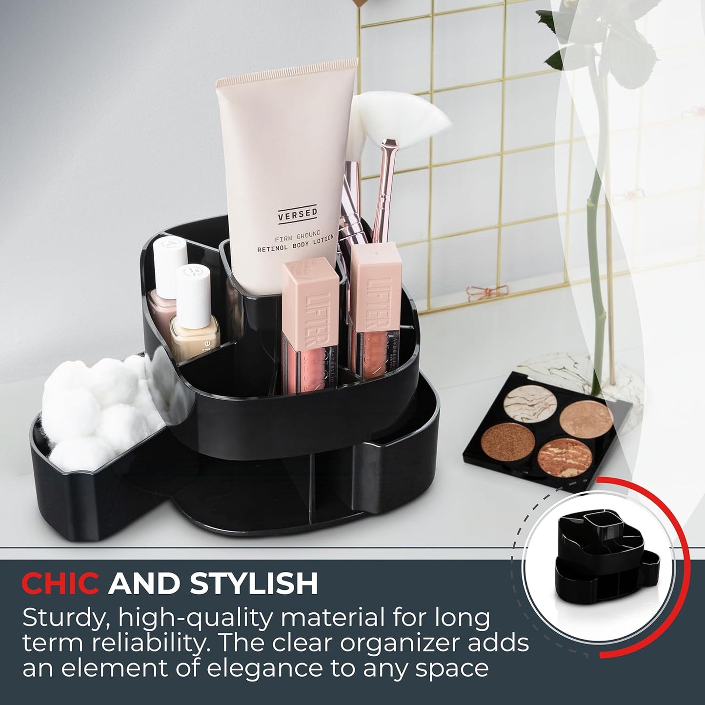 Masirs Small 360 Rotating Makeup Organizer - Mini Yet Spacious Cosmetic Storage Solution with Multiple Compartments - The Perfect Spinning Make-Up Caddy for Vanity or Bathroom Counter (Round - Clear)
