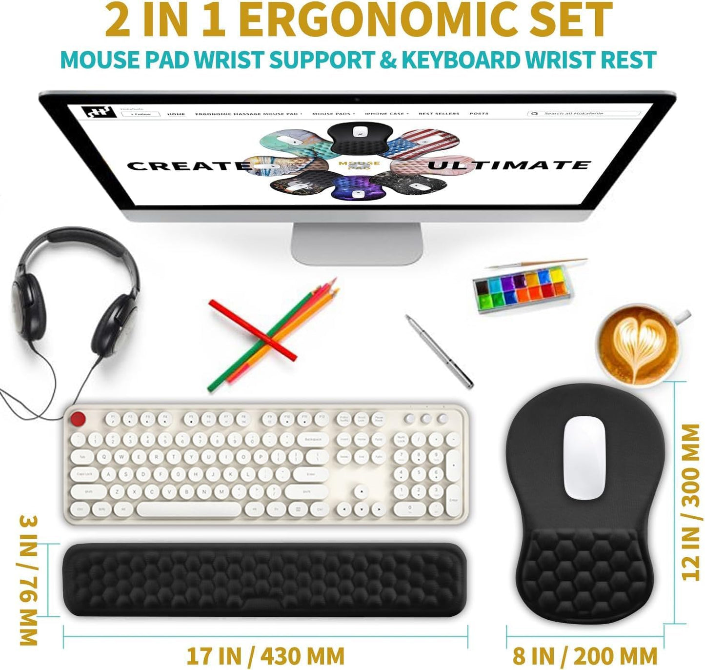 Hokafenle 2 in 1 Ergonomic Mouse Pad Wrist Support & Wrist Rest for Computer Keyboard Set, with Relieve Carpal Tunnel Pain Massage Bulge and Full Memory Gel Design (2In1 Set, Light Green)
