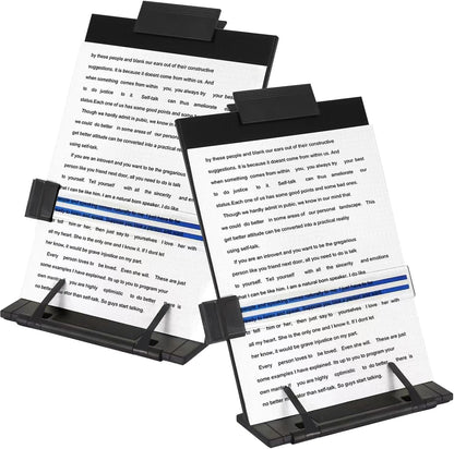OSPNIEEK 2 Pack Desktop Document Holder Stand with 7 Adjustable Position, Black Metal File Organizer Copyholder for Typing Speech Reading A4 Letter Music Book Tablet Office, with Paper Clip Line Guide