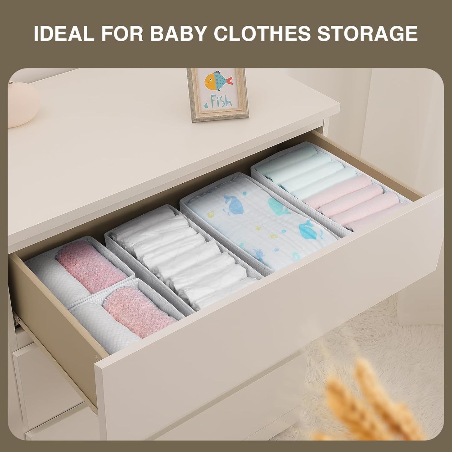 DIMJ Drawer Organizers Clothes, Dresser Organizer Bins for Baby Clothes,Underwear and Sock, Fabric Closet Organization and Storage Boxs, Drawer Dividers for Nursery, Clothing, Tie - 4 Pack, Beige