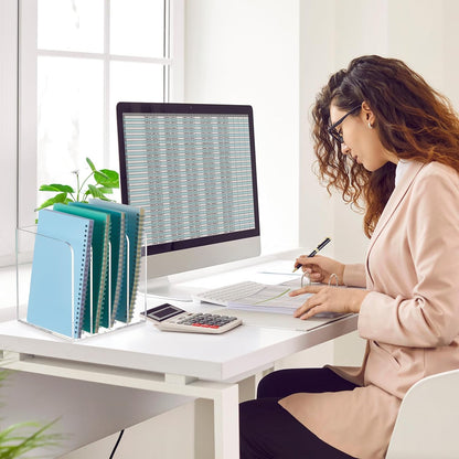 Suzile Clear Acrylic Magazine File Holder with Vertical Compartments Desk Organizer Book Rack for Desk Sorter Paper Folder Office Accessories(Clear,14.2 x 7.2 x 6.5 Inch)