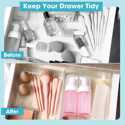 Teenyyou 8 Pcs Clear Drawer Organizers Bins Stackable Makeup and Vanity Organizer Trays Clear Plastic Drawer Organizers Set for Office Desk Dividers(9.9 x 6.3 x 1.8 Inches)