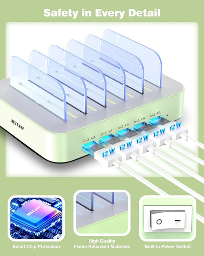 MSTJRY Charging Station for Multiple Devices : 5 Port Multi USB-A Charger Stations Multi-Device Organizer Charging Dock Designed for iPhone iPad Cell Phone Tablets (7 Short Cables Included)