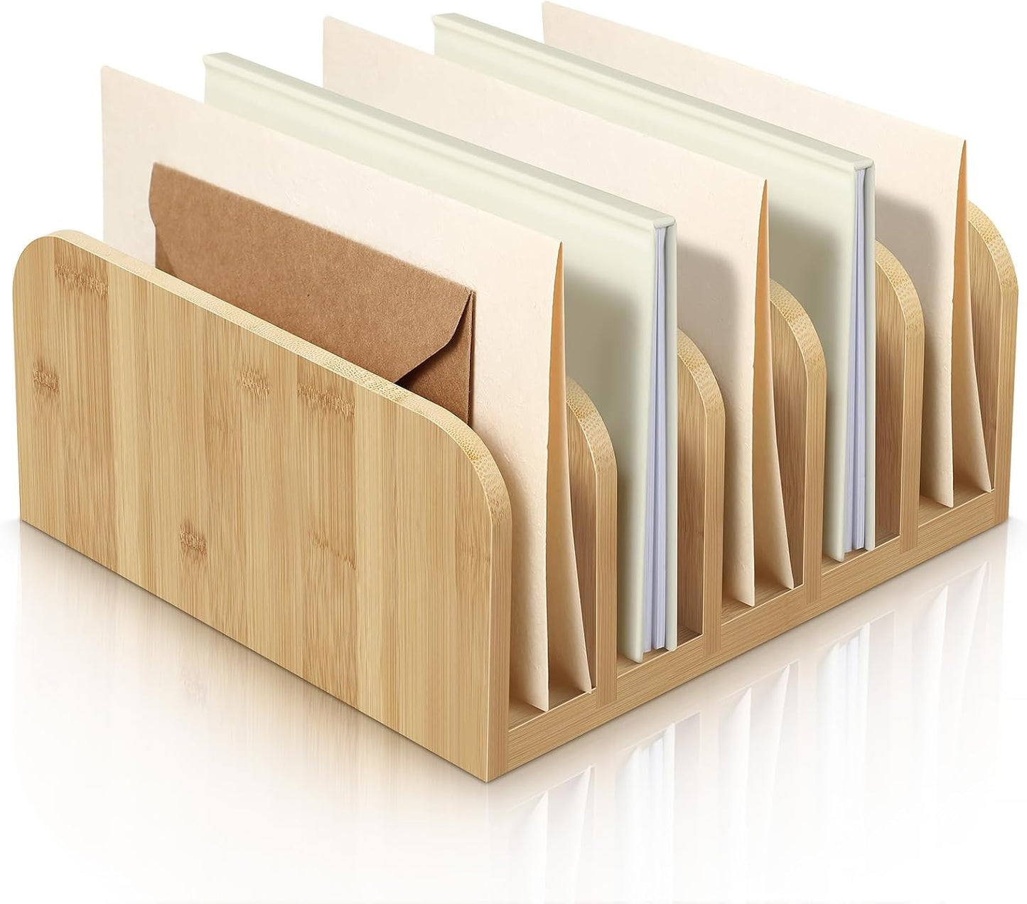 Lineshading Desk Mail Organizer Bamboo File Holders Countertop Paper Organizer Letter Sorter 5 Compartments Envelope Holders with Anti Slip Mat for Home Office School Desktop Document Storage
