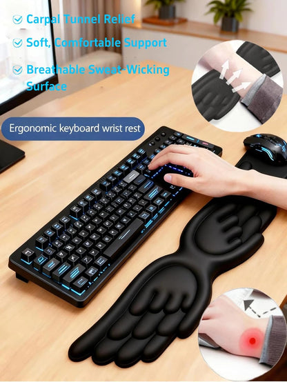 Angel Wing Wrist Rest Ergonomic Memory Foam Wrist Rest for Computer Keyboard Mouse Set, Cute Gaming Keyboard Cushion Hand Support PU Leather Surface Anti-Slip Waterproof White Angel Wing