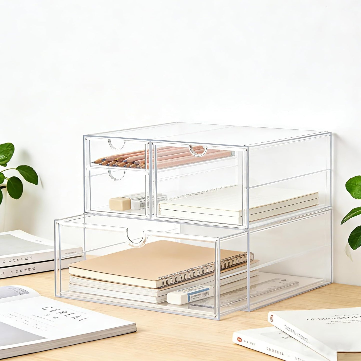 Prsildan Acrylic Makeup Organizer, 2 Pack Stackable Storage Drawers with 6 Drawers for Office Desk Vanity Craft Room Clear Drawer Organizers for Hair Accessories Art Supplies Cosmetics Modular System