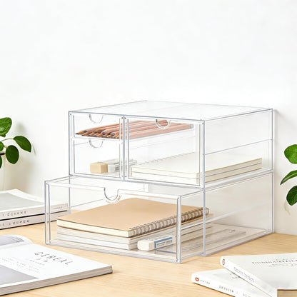 Prsildan Acrylic Makeup Organizer, 2 Pack Stackable Storage Drawers with 6 Drawers for Office Desk Vanity Craft Room Clear Drawer Organizers for Hair Accessories Art Supplies Cosmetics Modular System