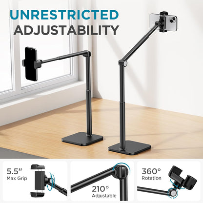InnoGear Overhead Phone Mount, Heavy Duty Aluminum Phone Stand Tabletop Cooking Tripod for Desk Flexible Cell Phone Holder for Live Streaming, Meeting, Cooking, Recording