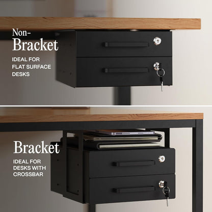 Under Desk Drawer Slide-Out – Lockable Metal Storage Drawers with Cable Management for Office & Home (Double, Bracketed)