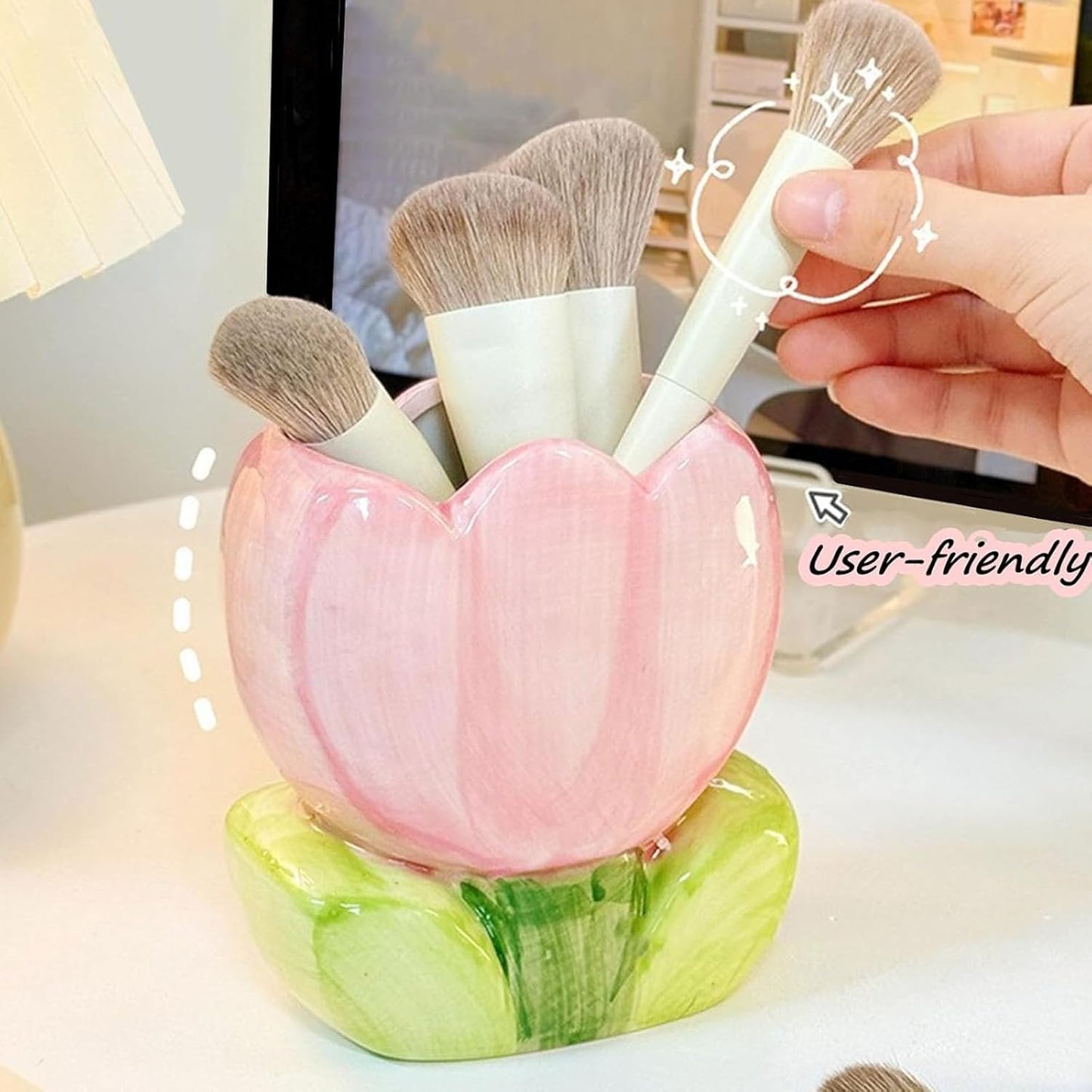 1 PC Flower Makeup Storage Box Ceramic Blossom Five Petals Pen Holder Pen Holder Desktop Storage Box (Blue)