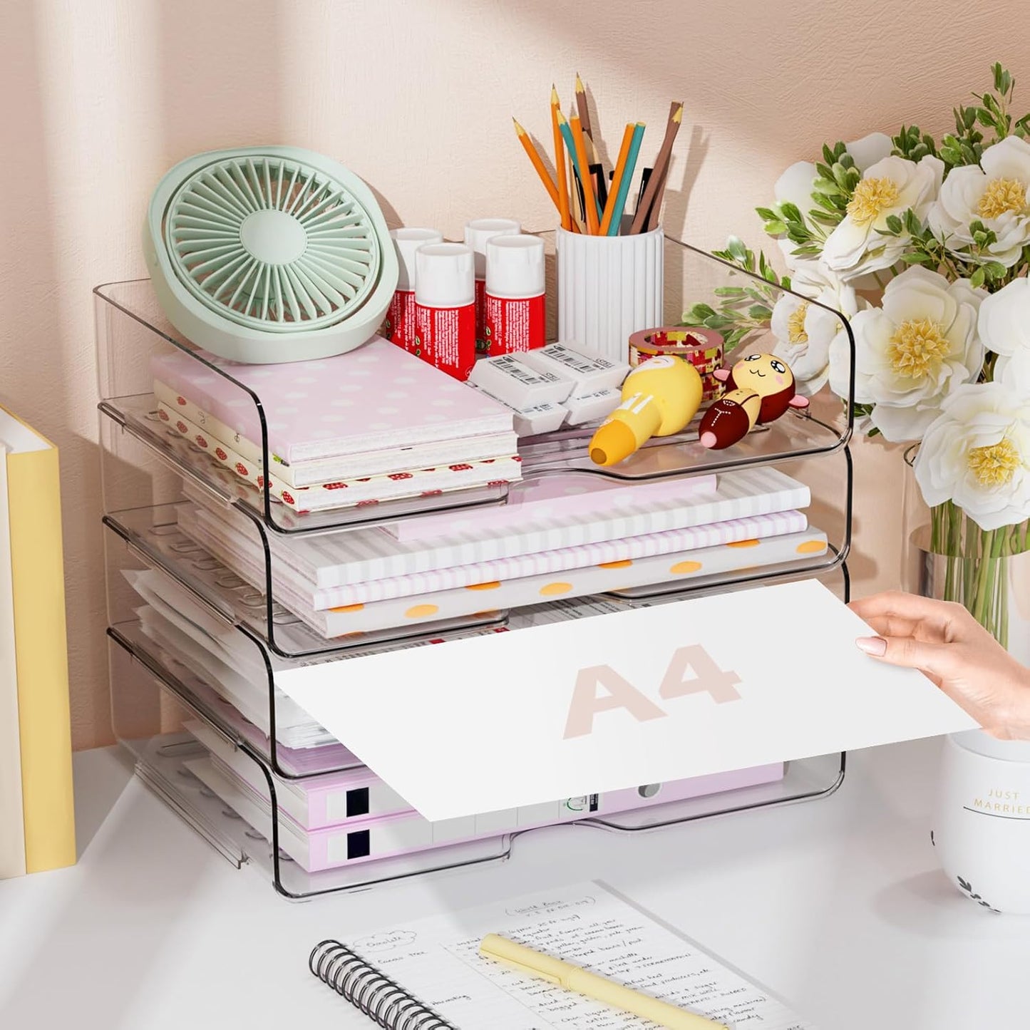 Paper Organizer Letter Tray - Acrylic Stackable Desk File Organizer with 5-Gird Tray and Pencil Holder, Clear File Organizer for Desk, Office Organizer for File Paper, Ipad, Letter, Small Item Etc