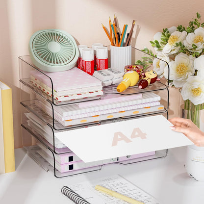 Paper Organizer Letter Tray - Acrylic Stackable Desk File Organizer with 5-Gird Tray and Pencil Holder, Clear File Organizer for Desk, Office Organizer for File Paper, Ipad, Letter, Small Item Etc